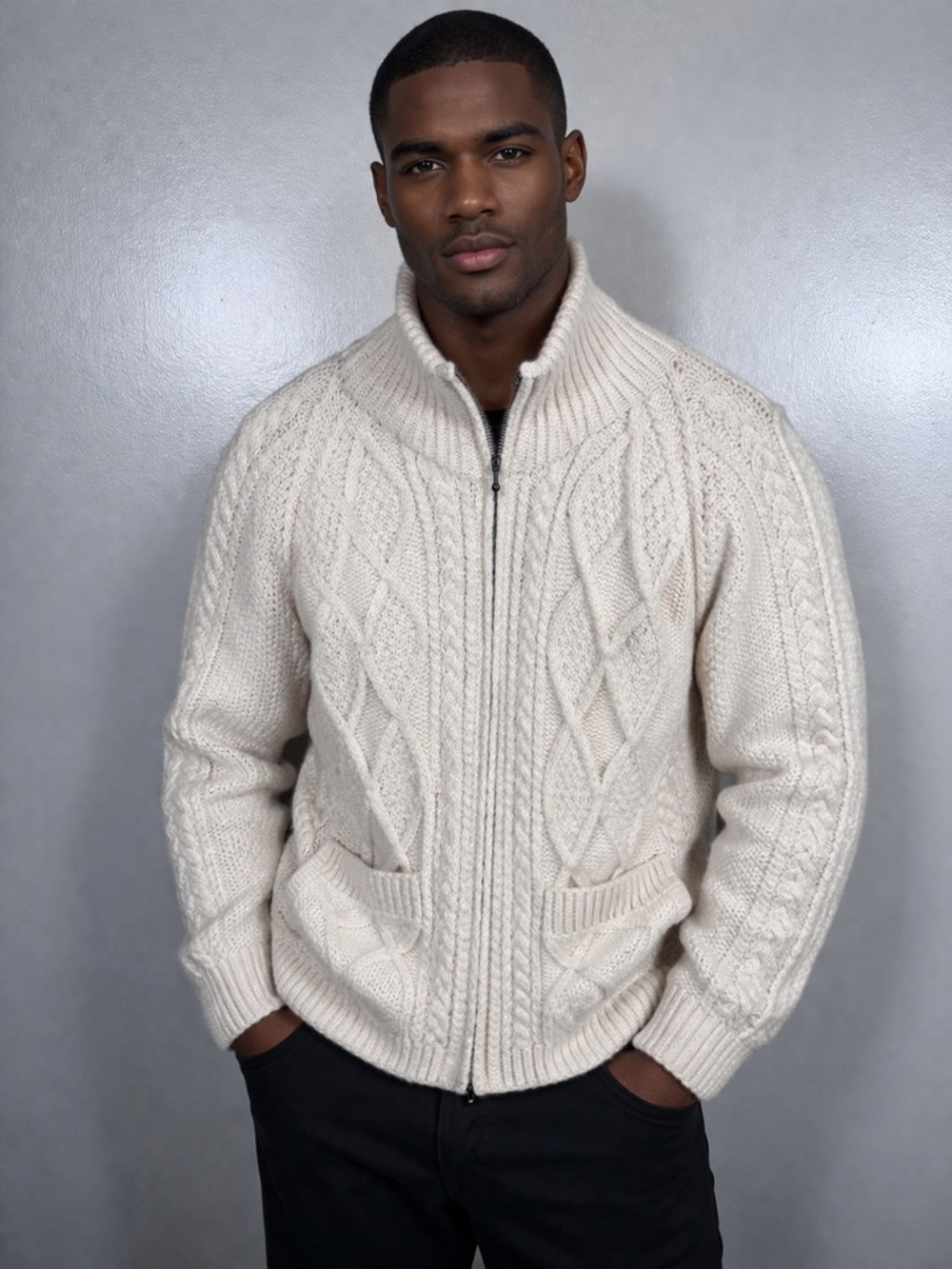 Aran Sweater Market Large White Cable Knit 100% Irish Wool Minimalist Cardigan